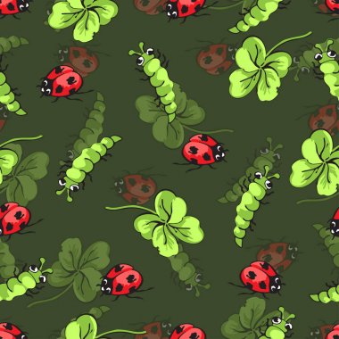 El çizimi böcek uğur böceği, tırtıllar ve Yaprak yonca seamless modeli, vektör arka plan karikatür. Komik böcekler bir yeşil zemin üzerinde. Kumaş tasarımı için duvar kağıdı