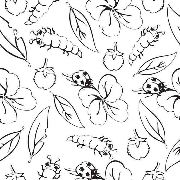 Cartoon schwarz-weiße Handzeichnung Käfer Marienkäfer und Raupen, Blätter und Blüten Klee nahtlose Muster, monochromen Vektorhintergrund. Lustige Insekten. für Stoffdesign, Malbuch — Stockvektor