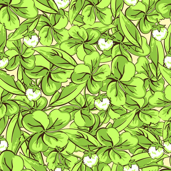 Tangan kartun menggambar daun dan bunga semanggi pola mulus, latar belakang vektor. Untuk desain kain, kertas dinding, pembungkus, cetak - Stok Vektor