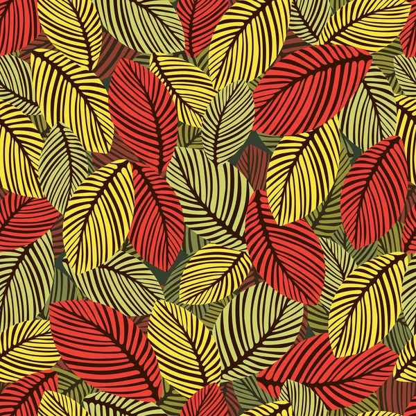 Outono abstrato deixa padrão sem costura, fundo vetorial. Folhas desenhadas à mão sobre um fundo verde. Para design de tecido, papel de parede, invólucros — Vetor de Stock
