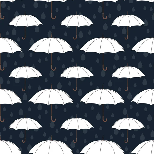 Зонтики бесшовный рисунок, векторный фон. Белые зонтики и капли дождя на темно-синем фоне. Для оформления обоев, оберток, тканей — стоковый вектор