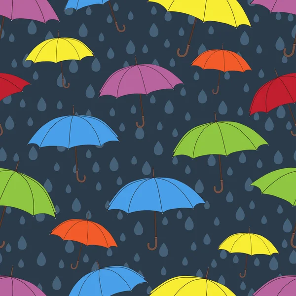 Guarda-chuvas padrão sem costura, fundo vetorial. Guarda-chuvas multicoloridos brilhantes e gotas de chuva em um fundo azul escuro. Para design de papel de parede, invólucros, tecidos —  Vetores de Stock