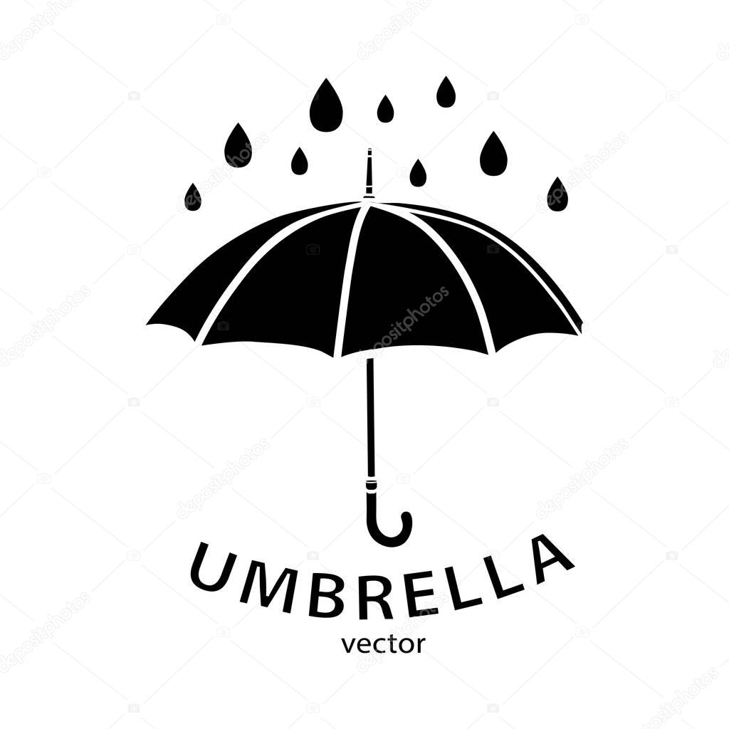 Umbrella icon, vector logo. Black umbrella silhouette, raindrops and text isolated