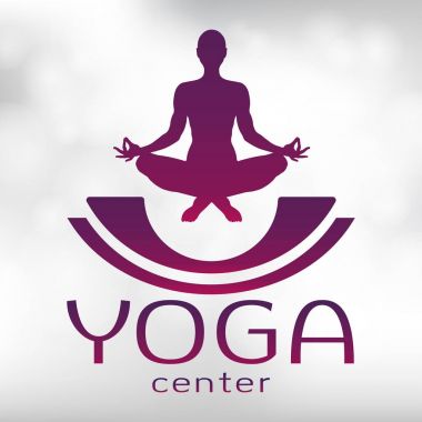 Yoga logo, vector icon, emblem for yoga center. Figure of a man sitting in a lotus pose, vector silhouette. Meditation relaxation human with a font on a textured light background with highlights clipart