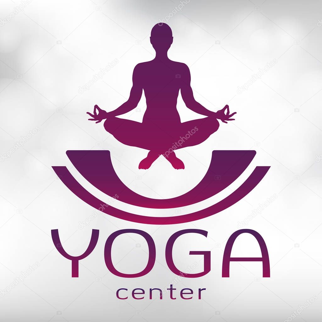 Yoga logo, vector icon, emblem for yoga center. Figure of a man sitting in a lotus pose, vector silhouette. Meditation relaxation human with a font on a textured light background