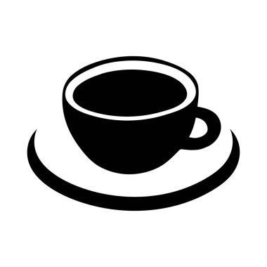 Bir fincan kahve vektör simgesi, logo, işaret, amblem. Siyah soyut kahve fincanı ve tabağı, beyaz arka plan üzerinde izole