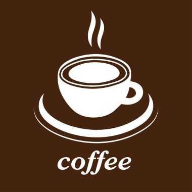 Bir fincan kahve vektör simgesi, logo, işaret, amblem. Beyaz soyut kahve fincanı ve tabağı ve izole kahverengi zemin üzerinde yazıt