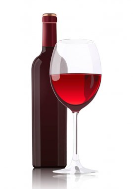 Bir etiket ve bardağı şarap, vektör gerçekçi çizim, izole üzerinde beyaz arka plan olmadan kırmızı şarap şişe