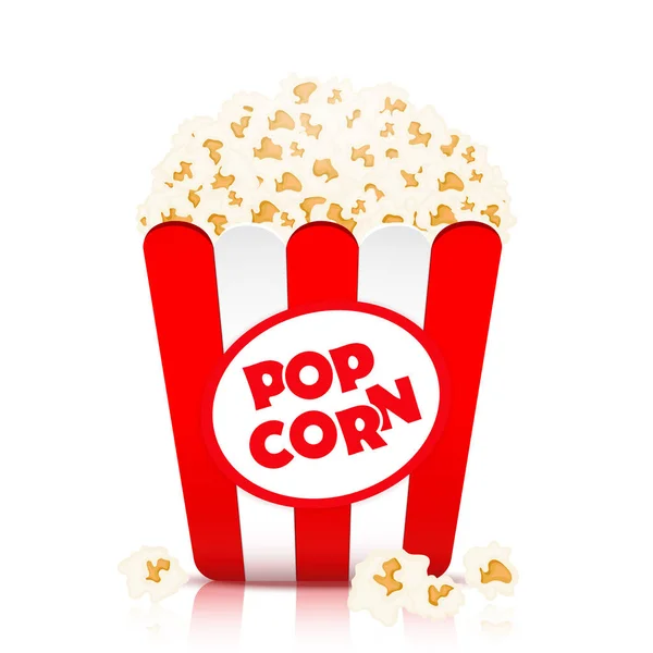 Popcorn-Vektor, realistische Illustration. Popcornflocken in einem Pappbecher mit roten und weißen Streifen, isoliert auf weißem Hintergrund — Stockvektor