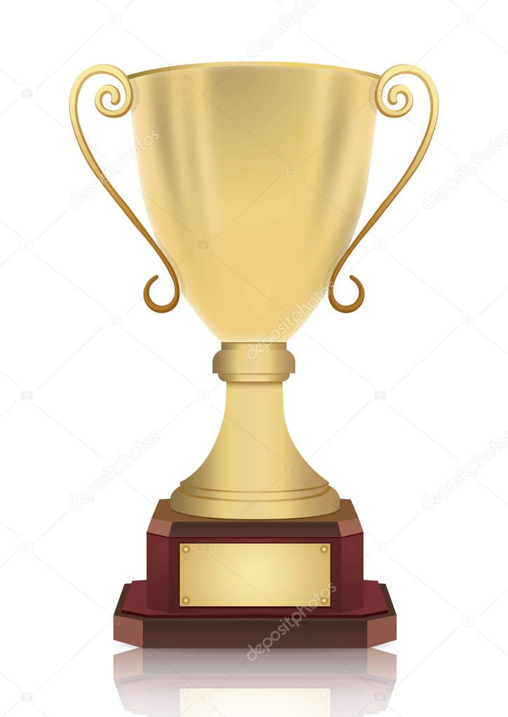 Gold cup winner vector illustration. Award-winning goblet medalist with a nameplate, isolated on white
