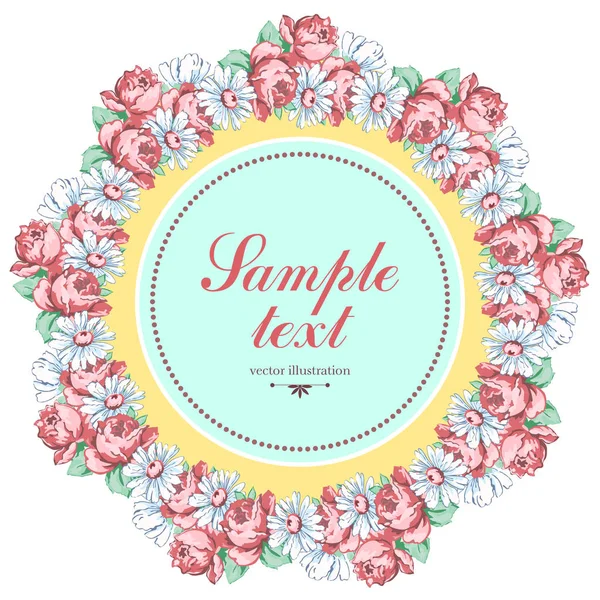 Wreath of chamomile and rose flower, vector floral background, round flower frame, border. Drawn bud pink rose flower and white chamomile hand drawing with a label for text, isolated on white backdrop — Stock Vector