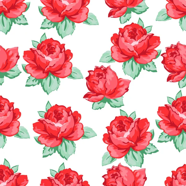 Rose flor mão desenho padrão sem costura, fundo floral vetor, ornamento bordado floral. Gemas desenhadas vermelho rosa flor e folhas no fundo branco. Para design de tecido, papéis de parede, decoração — Vetor de Stock