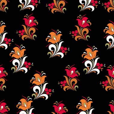 Soyut stilize çiçek seamless modeli, vektör arka plan. Kırmızı, turuncu, yeşil ve beyaz dekoratif çiçek, çilek ve siyah bir zemin üzerine bukleler. Kumaş tasarım, duvar kağıtları, tekstil, dekorasyon için