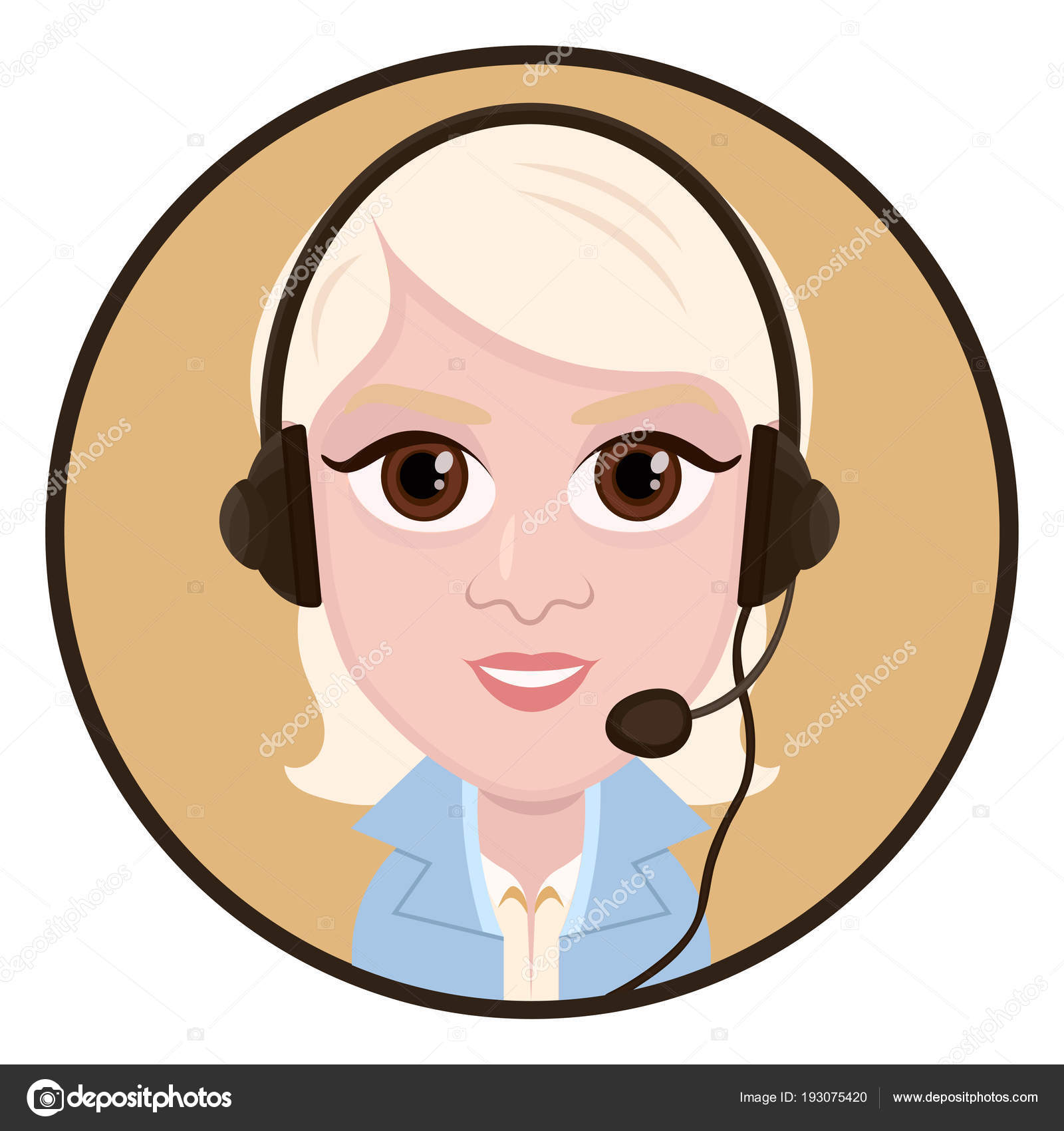Cartoon character, vector drawing portrait girl call center operator, icon,  sticker. Woman blonde with big eyes with a headset, headphones and  microphone in round frame, isolated on white background Stock Vector Image