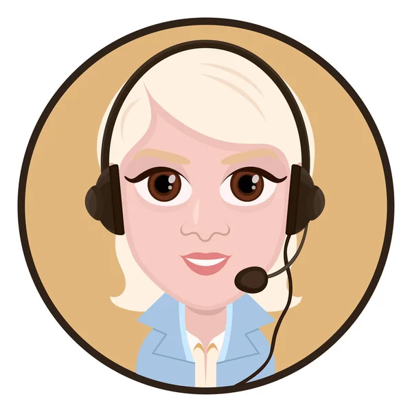 Personagem de desenhos animados, desenho vetorial retrato menina operador de call center, ícone, adesivo. Mulher loira com olhos grandes com fone de ouvido, fones de ouvido e microfone em armação redonda, isolada em fundo branco — Vetor de Stock