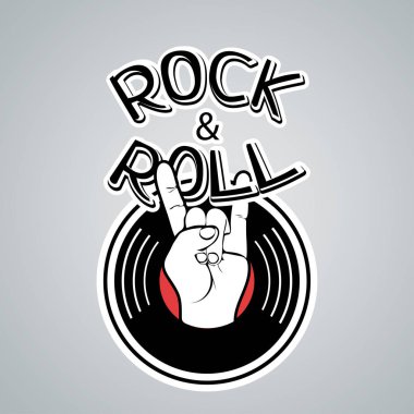 Rock and roll logosu, klasik müzik ikonu, çizgi film el çizimi. Siyah, kırmızı, beyaz işaret, sembol el hareketi boynuzlar vinil disk ve gri arka planda izole harfler. Vektör illüstrasyonu