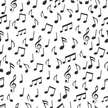 Müzik notaları, melodik işaretler ve kusursuz semboller. Siyah notalar ve beyaz arka planda üç tuşlu anahtarlar. Kumaş, parmak izi, duvar kağıdı, dekorasyon için. Vektör illüstrasyonu