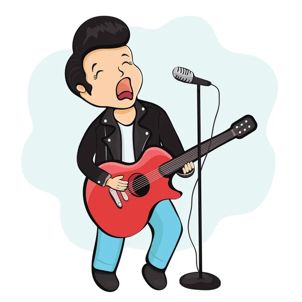 Mann spielt Gitarre, Zeichentrickfigur, Handzeichnung, Musikaufkleber. Junge in Lederjacke hält eine Gitarre in der Hand und singt ins Mikrofon, isoliert auf weißem Hintergrund. Vektorillustration — Stockfoto