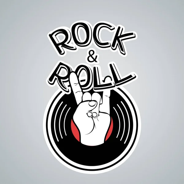 Rock and roll logo, vintage musikalisk ikon, tecknad hand ritning. Svart, röd, vit skylt, symbol hand gest horn vinyl skiva och bokstäver isolerade på grå bakgrund. Vektorillustration — Stockfoto