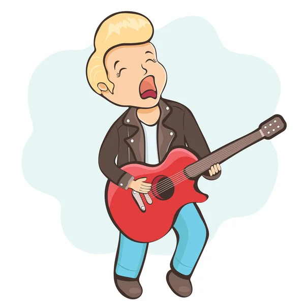 Mann spielt Gitarre, Cartoon-Figur, lineare Handzeichnung, Musikaufkleber. Netter lustiger Junge in Lederjacke hält eine Gitarre in der Hand und singt, isoliert auf weißem Hintergrund. Vektorillustration — Stockfoto