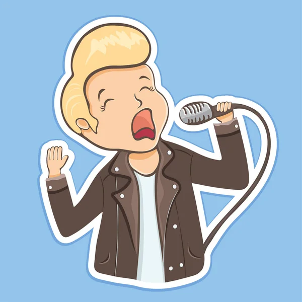 Guy sing into the microphone sticker, cartoon character, hand drawing. Boy with hair laid in a coc in leather jacket holds a microphone in his hand, isolated on blue background. Vector illustration