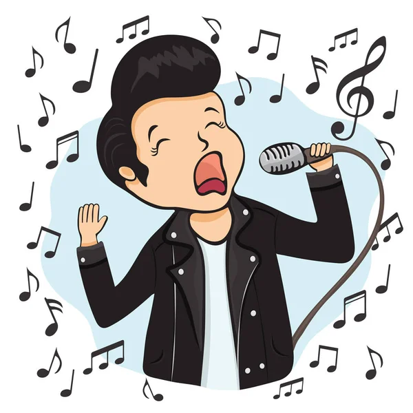 Mann singt ins Mikrofon, Zeichentrickfigur, Handzeichnung Aufkleber. Junge in schwarzer Lederjacke hält ein Mikrofon in der Hand, isoliert auf weißem Hintergrund mit Musiknote. Vektorillustration — Stockfoto