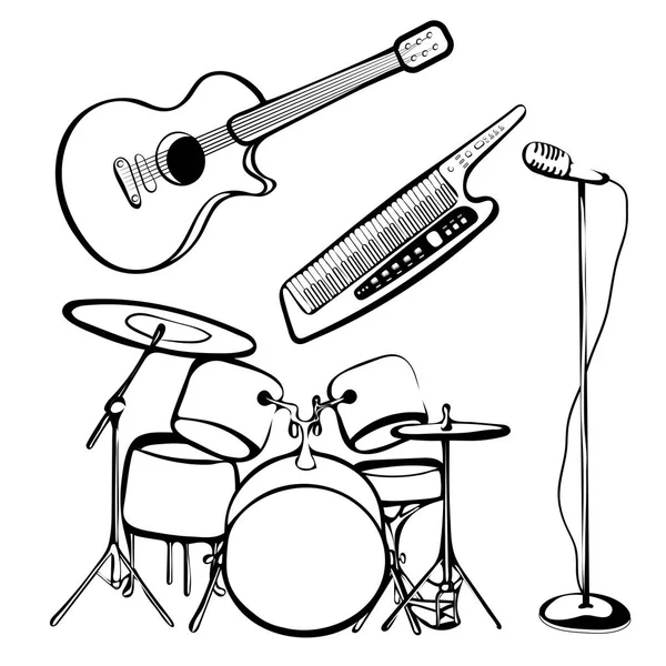Набор музыкальных инструментов, набросок ручной работы, черно-белый эскиз, икона рок-н-ролла, силуэт. Drum kit, синтезатор, гитара, микрофон изолированы на белом фоне. Векторная иллюстрация — стоковое фото