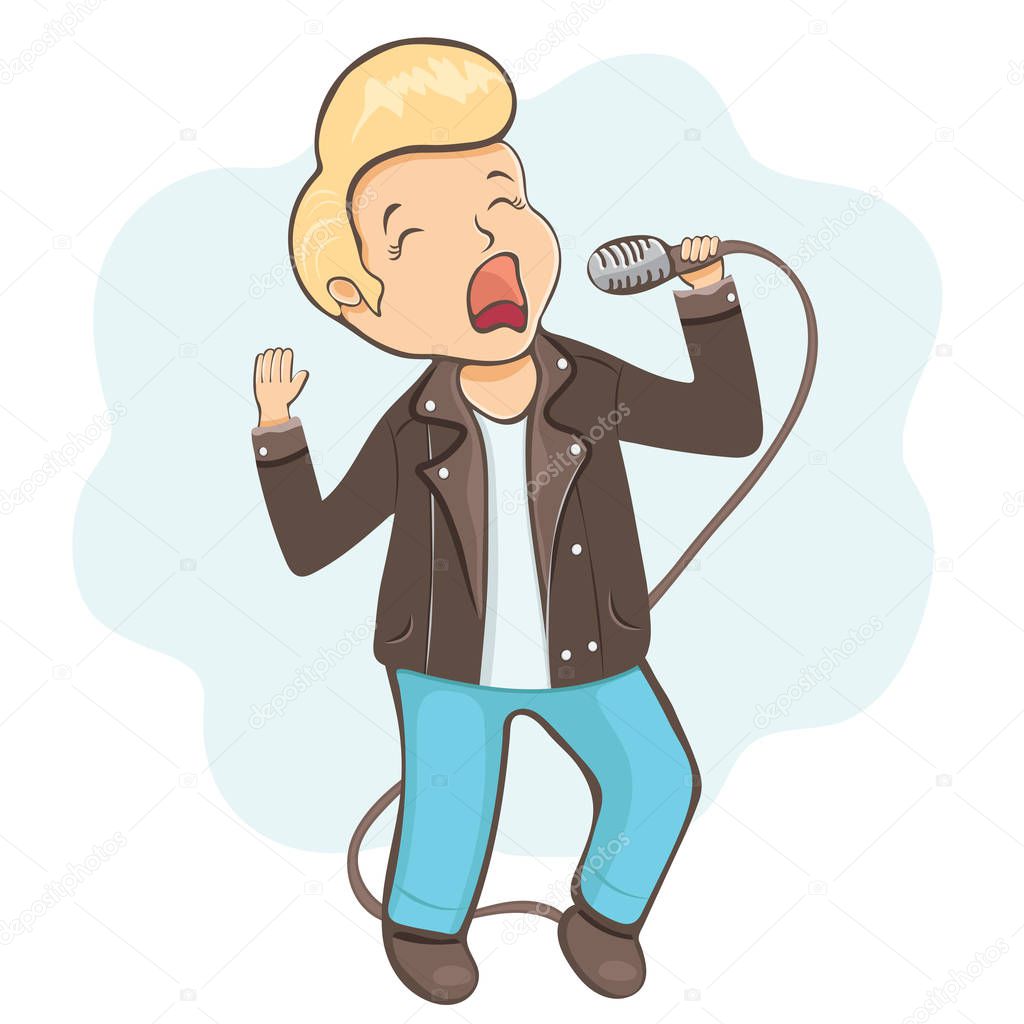 Man singing into a microphone, cartoon character, hand drawing sticker. Boy with hair laid in a coc in leather jacket holds a microphone in his hand, isolated on white background. Vector illustration