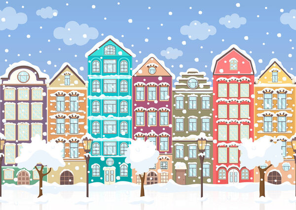 Seamless border of winter retro colorful houses, trees, lanterns in snow, exterior urban landscape, city background. European facades in row, ice, snowflakes fall. Flat drawing, vector illustration