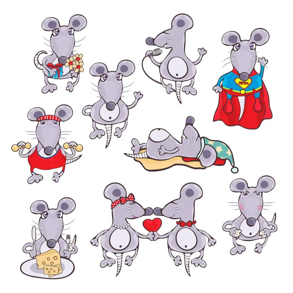 Set van sticker grappige rat in verschillende emoties en acties, pictogram, vector illustratie, cartoon schets handtekening, kleurrijke platte ontwerp. Lief schattig paars geschilderde muis geïsoleerd op witte achtergrond — Stockfoto