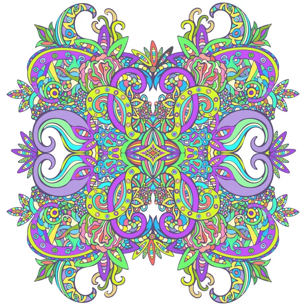 Kleurrijke etnische ornament, heldere abstracte bloemen oosters patroon, natuurlijke tracery, grafische print. Multicolor multi-detail decor voor stof ontwerp, geïsoleerd op witte achtergrond. Vectorillustratie — Stockvector