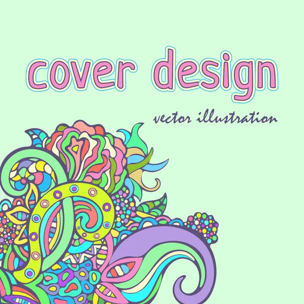 Cover design, plant card, banner with colorful abstract ethnic ornament, floral oriental pattern. Graphic natural tracery, stylized vegetable flower and text on green background. Vector illustration