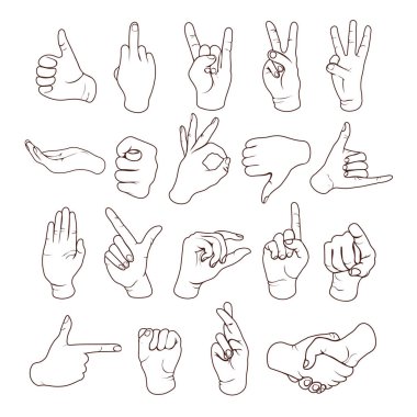 El hareketleri ana hatları, parmak izleri, işaret dili simgesi seti, şablon, logo, siluet. Bilek çizimi, beyaz arka planda izole edilmiş çeşitli klasik sembolleri gösteren eller. Vektör illüstrasyonu