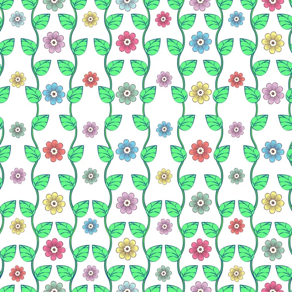 波状の茎に緑色の葉と白い背景のシームレスなパターン 漫画の描画に花弁を持つ多色の花芽 壁紙のデザイン ベクターイラスト — ストック写真