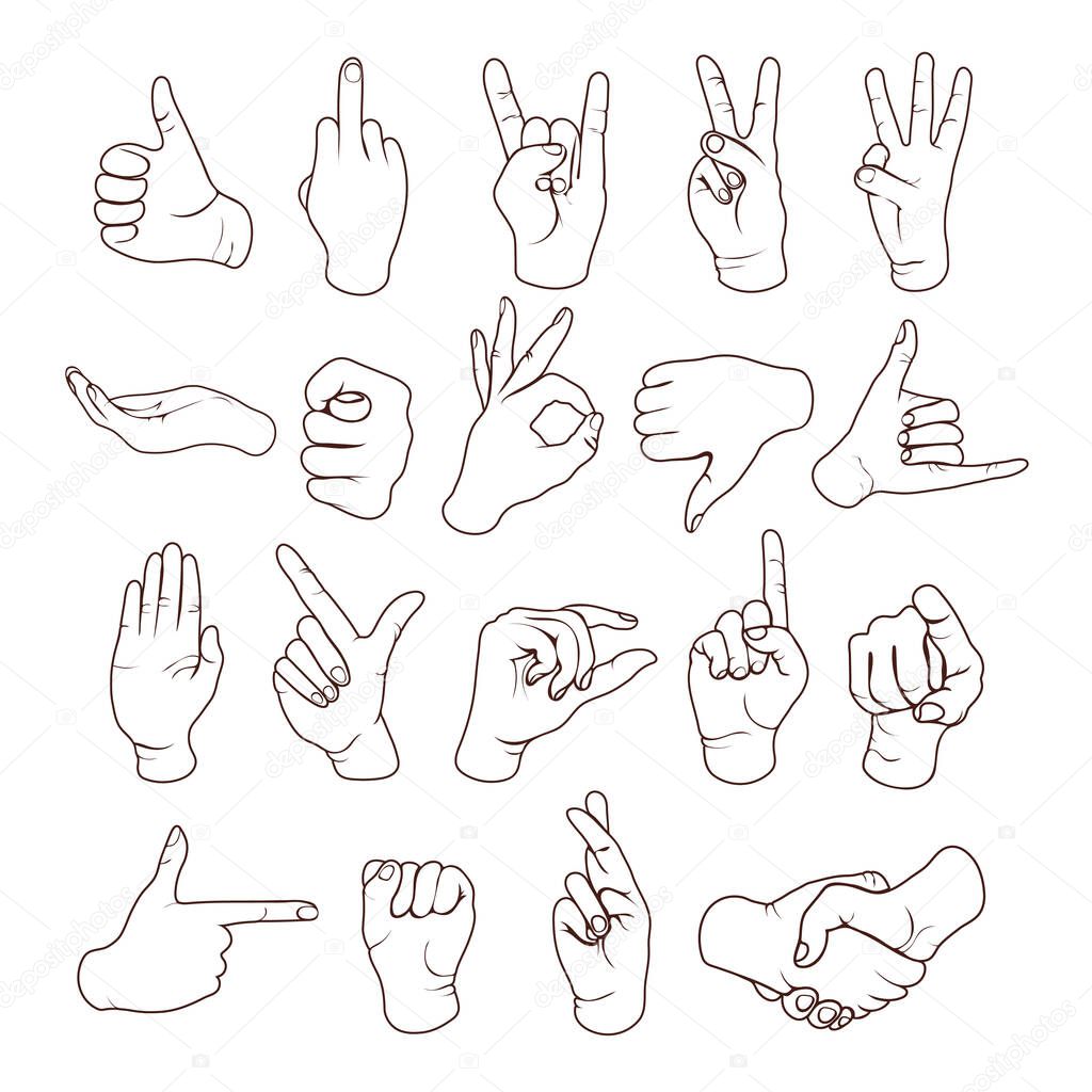 Hand gestures outline, finger marks, sign language icon set, stencil, logo, silhouette. Line drawing of wrist, hands showing various classic symbol isolated on white background. Vector illustration