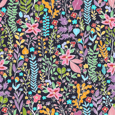 Renkli çiçeksiz desen, karalama karikatürü parlak neon çiçekler, doğal arka plan, el çizimi. Çok renkli bitki dalları, tomurcukları, taç yaprakları ve yaprakları. Vektör illüstrasyonu