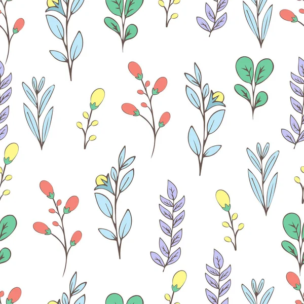 Colorful floral seamless pattern, doodle cartoon flowers, natural background, hand drawing. Multi-colored plant branches, buds, petals and leaves on white backdrop. Vector illustration