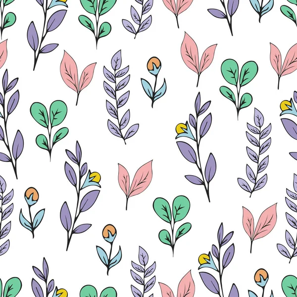 Colorful floral seamless pattern, doodle cartoon drawn flowers, exotic natural background, hand drawing. Multi-colored plant branches, buds, petals and leaves on white backdrop. Vector illustration