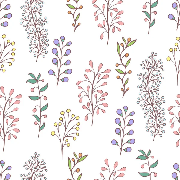Colorful floral seamless pattern, doodle cartoon drawn flowers, exotic natural background, hand drawing. Multi-colored plant branches, buds, petals and leaves on white backdrop. Vector illustration