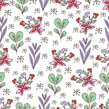 Renkli çiçeksiz desen, karalama karikatürü çizilmiş çiçekler, egzotik doğal arka plan, el çizimi. Çok renkli bitki dalları, tomurcukları, taç yaprakları ve yaprakları beyaz arka planda. Vektör illüstrasyonu