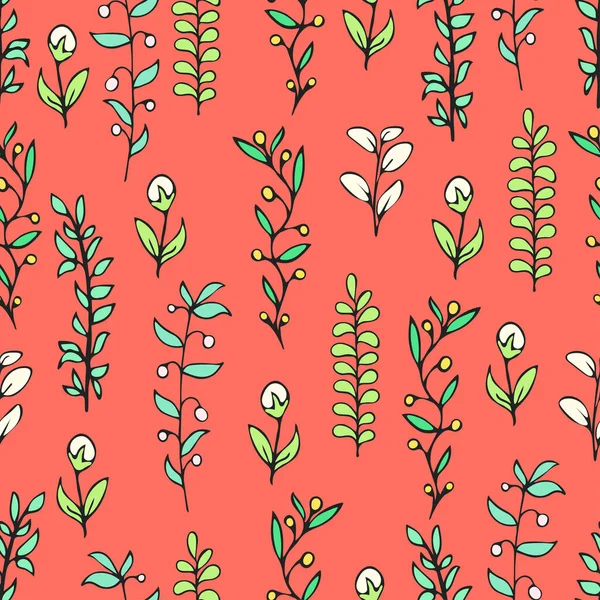 Colorful floral seamless pattern, doodle cartoon drawn flowers, exotic natural background, hand drawing. Multi-colored plant branches, buds, petals and leaves on red backdrop. Vector illustration