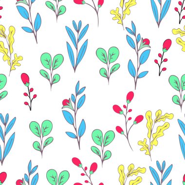 Renkli çiçeksiz desen, karalama karikatürü çizilmiş çiçekler, egzotik doğal arka plan, el çizimi. Çok renkli bitki dalları, tomurcukları, taç yaprakları ve yaprakları beyaz arka planda. Vektör illüstrasyonu