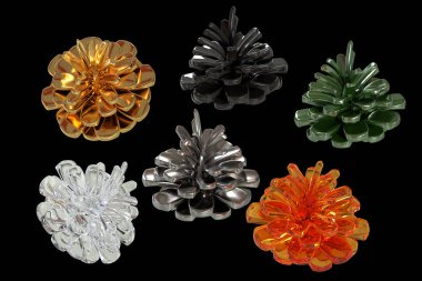 Renkli kozalaklar tatil dekorasyon için. 3D çizim. Siyah bir arka plan üzerinde izole.