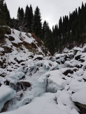 Dağ ormanlarında nehir olan kış manzarası.