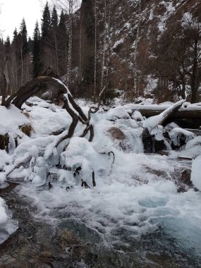 Dağ ormanlarında nehir olan kış manzarası.