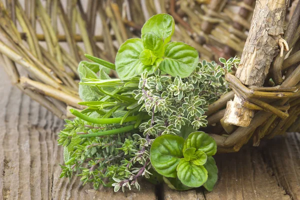 Hierbas recién cosechadas en una cesta — Foto de Stock