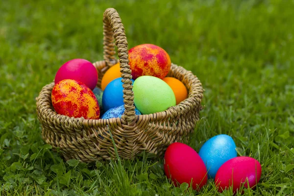 Feliz Páscoa, ovos coloridos em uma cesta — Fotografia de Stock