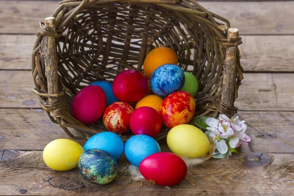 Feliz Páscoa, ovos coloridos em uma cesta — Fotografia de Stock