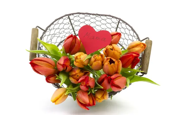 Tulpaner och hjärta i en korg - mors dag — Stockfoto