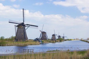 ünlü turistik site Kinderdijk de yel değirmenleri ile kırsal manzara